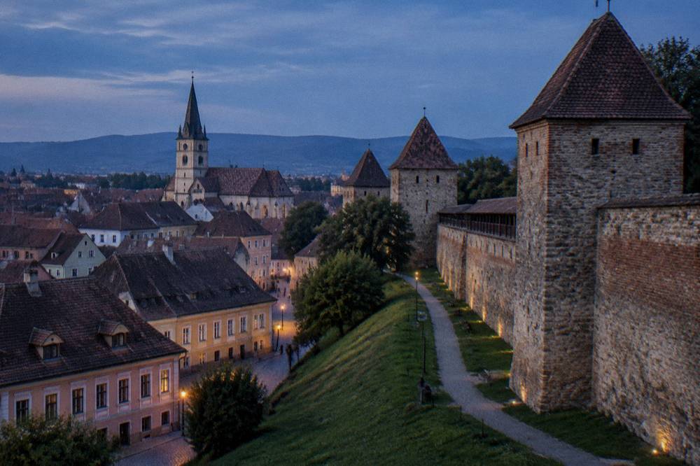 Old houses of Sibiu's Lower Town seen from a high wall terrace above