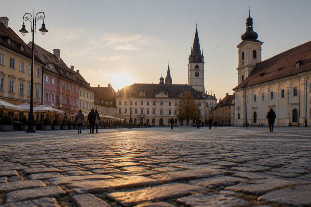 The main square of Sibiu at golden hour with a medieval tower and church spires on the skyline