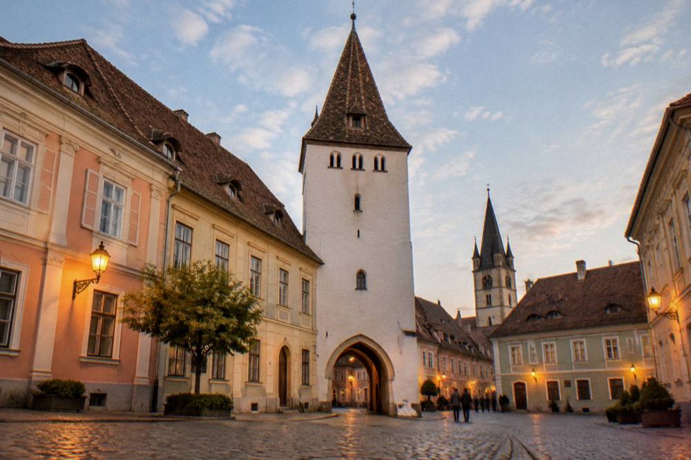 Evening lights on old buildings around a cobbled square with a church tower in the distance