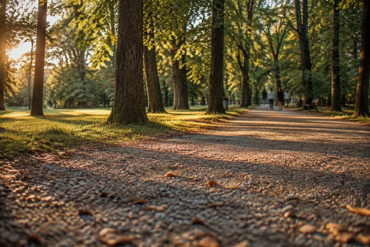 A wide forest path in Dumbrava Sibiului with tall trees and dappled sunlight near Sibiu