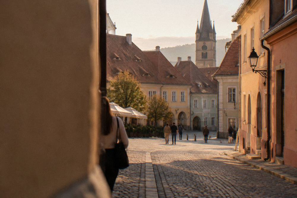 A red city bus stopping on a tree-lined street on the way to the Dumbrava forest in Sibiu