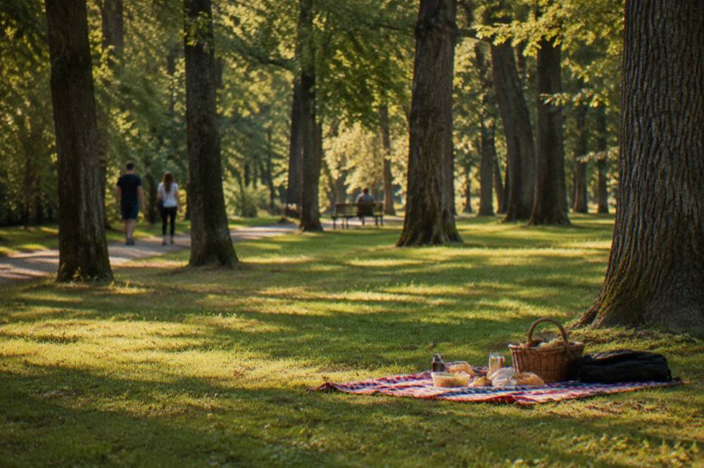 A checkered blanket on grass in a sunny forest clearing with picnic food in Dumbrava Sibiului