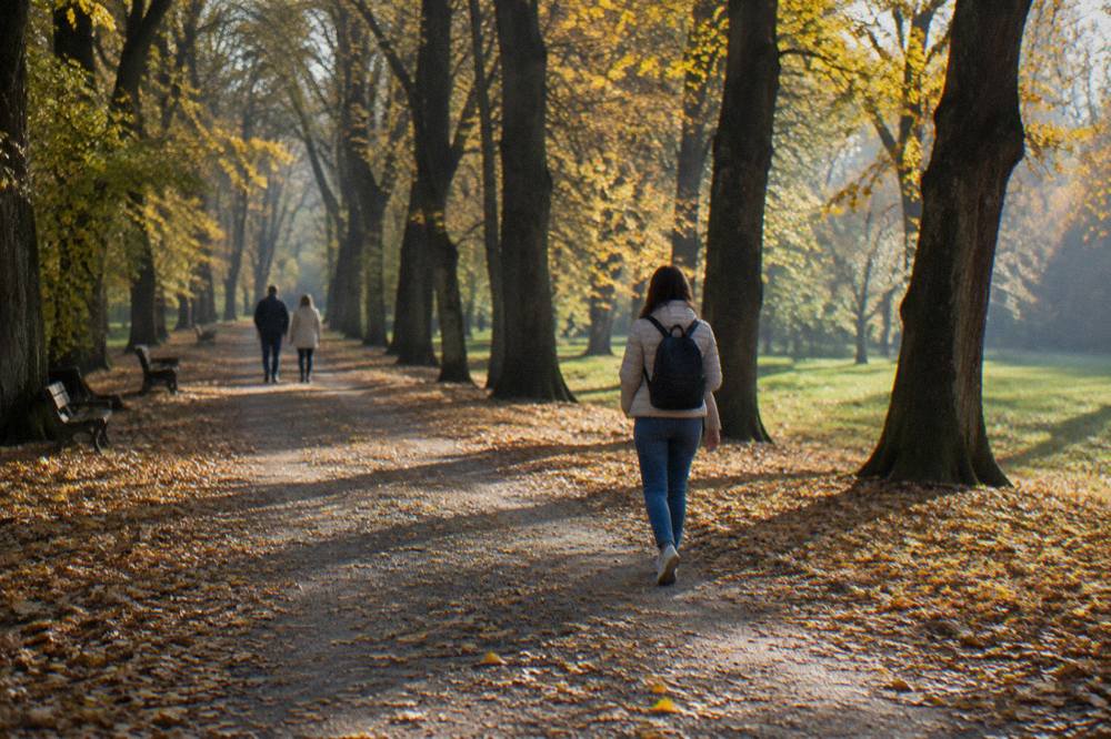 Golden autumn leaves covering a forest lane in Dumbrava Sibiului outside Sibiu