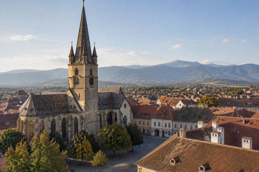View from a church tower over red tiled rooftops and distant mountain ridges