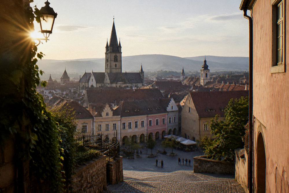 Panorama of a Transylvanian old town with church spires and hills on the horizon