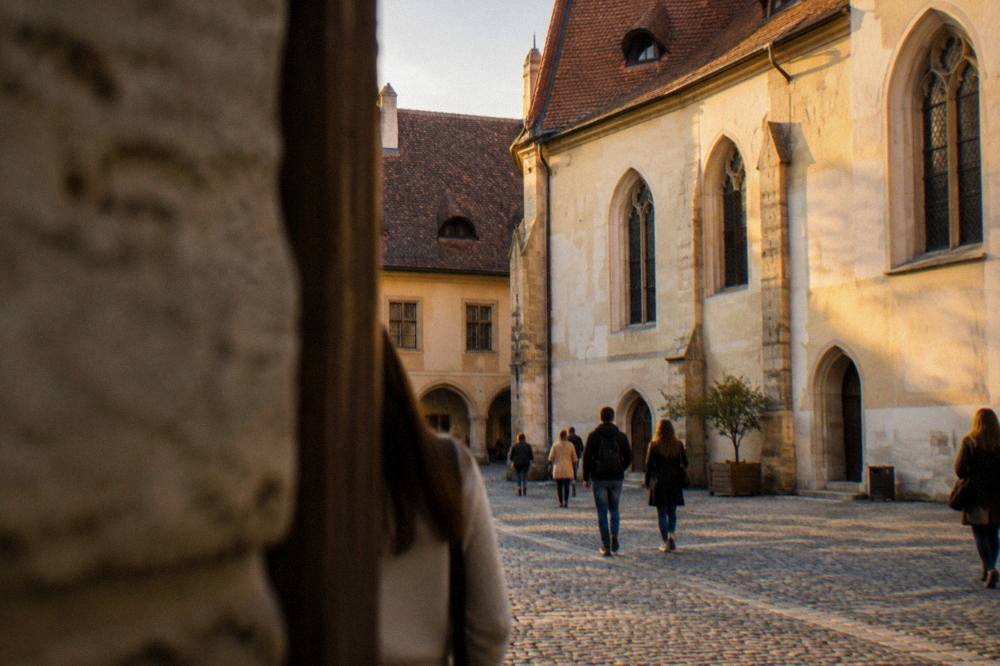 The stone courtyard of a historic museum building with visitors walking through