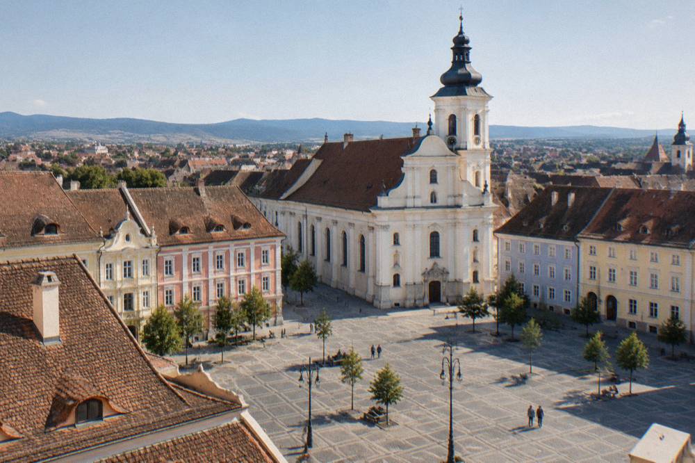 Church towers and coloured facades seen across a wide pedestrian square