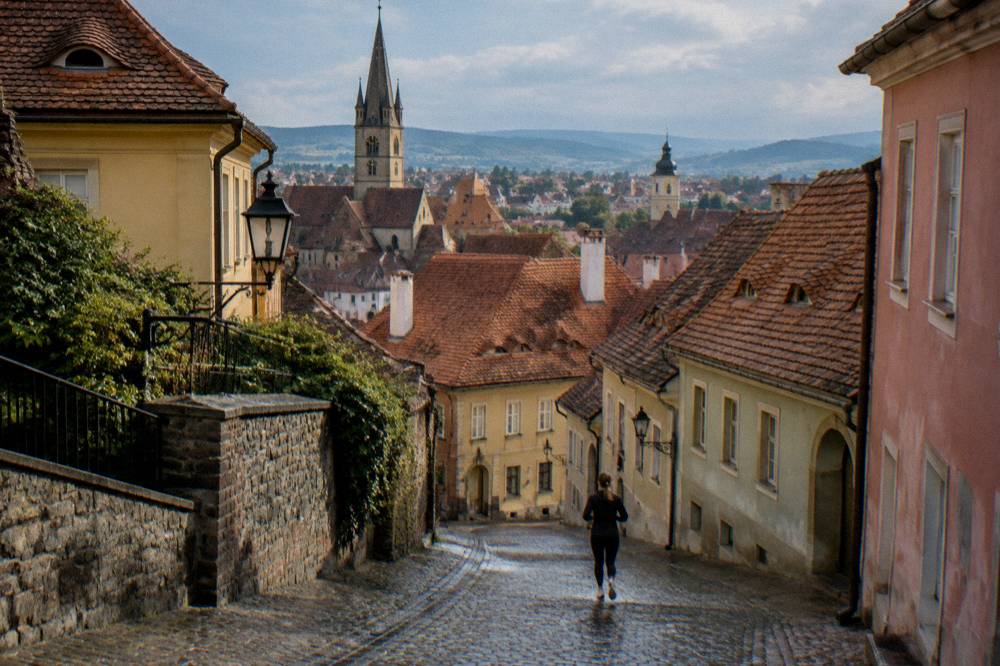 Towers and rooftops of a medieval Transylvanian old town seen from above