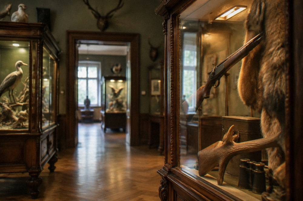 Ornate old display cases inside a Transylvanian museum gallery