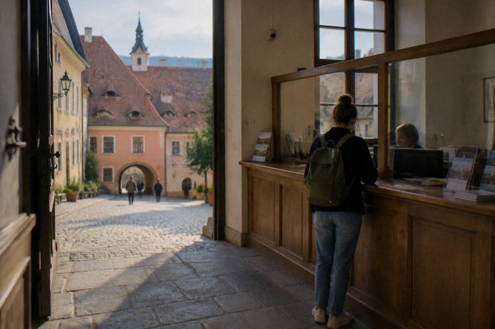 A ticket desk in a Sibiu museum with a wooden counter and information signs