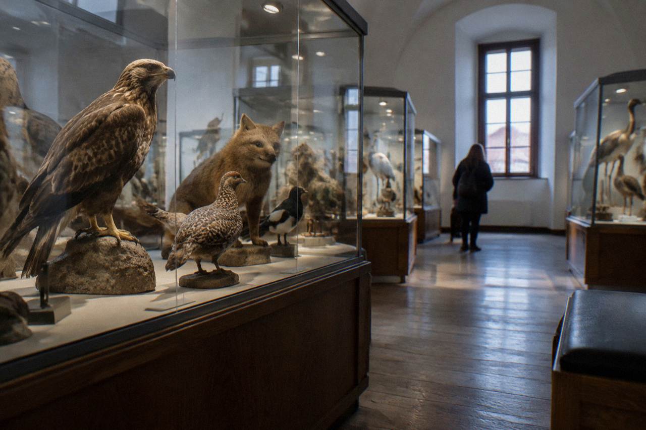 A museum gallery in Sibiu with glass display cases of mounted birds and mammals lit from above