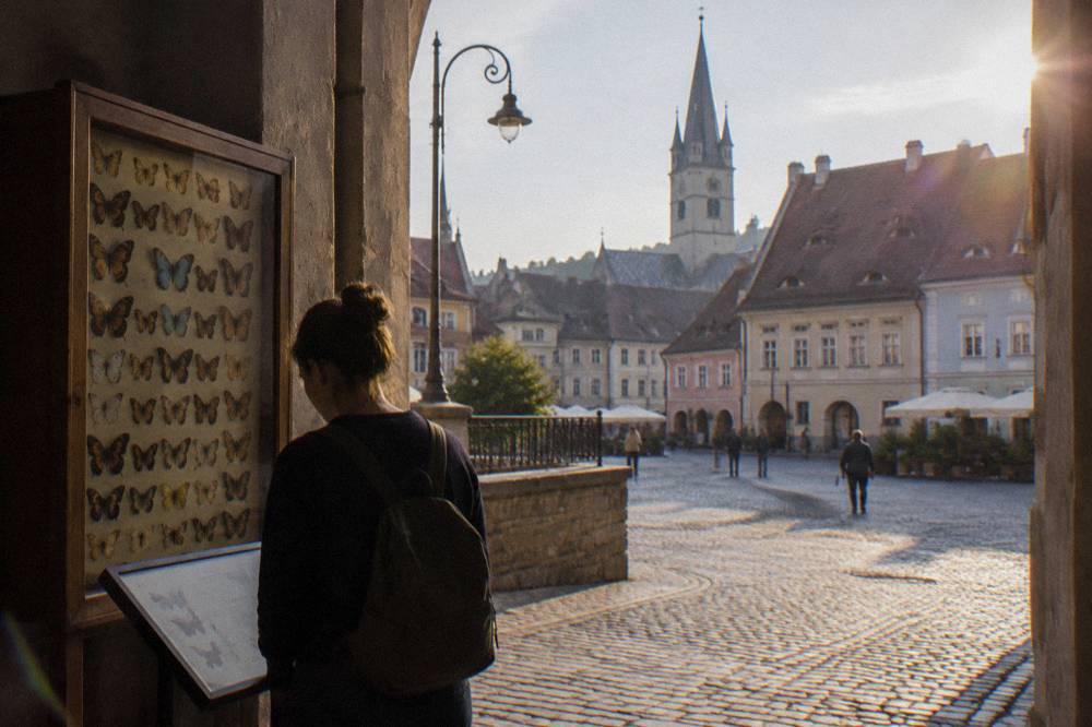 A visitor reading an information panel beside a tall display of preserved butterfly specimens in Sibiu