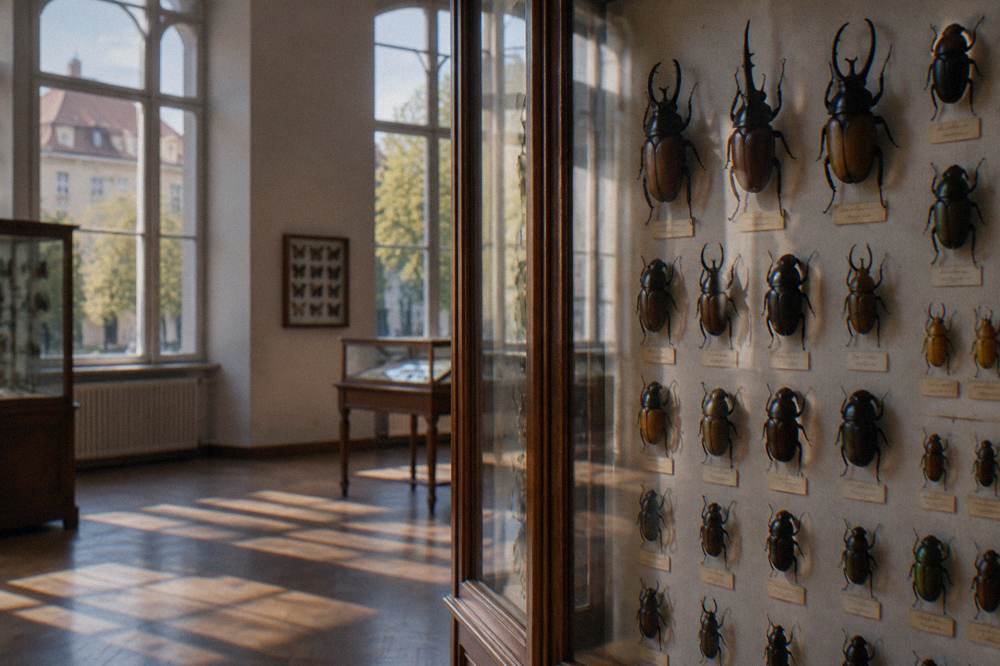 A glass case of horned beetle specimens pinned in neat rows with handwritten style labels
