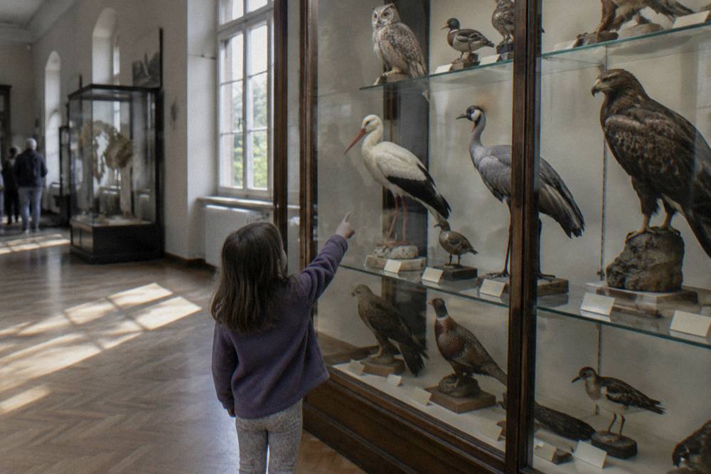 A child pointing at a tall cabinet of large preserved bird specimens in a museum hall