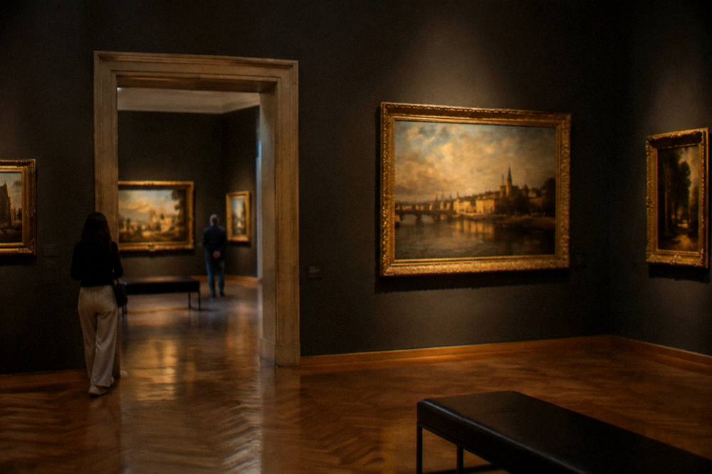 The interior of the Brukenthal Palace art gallery in Sibiu with framed paintings on dark walls
