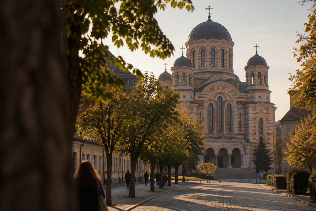 Dome and towers of the Holy Trinity Orthodox Cathedral seen from a tree-lined street in Sibiu
