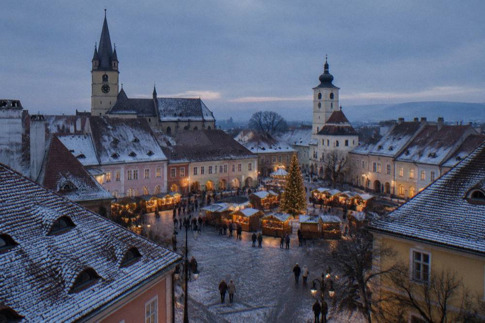 Sibiu's old town in evening light with church towers and the Christmas market glow