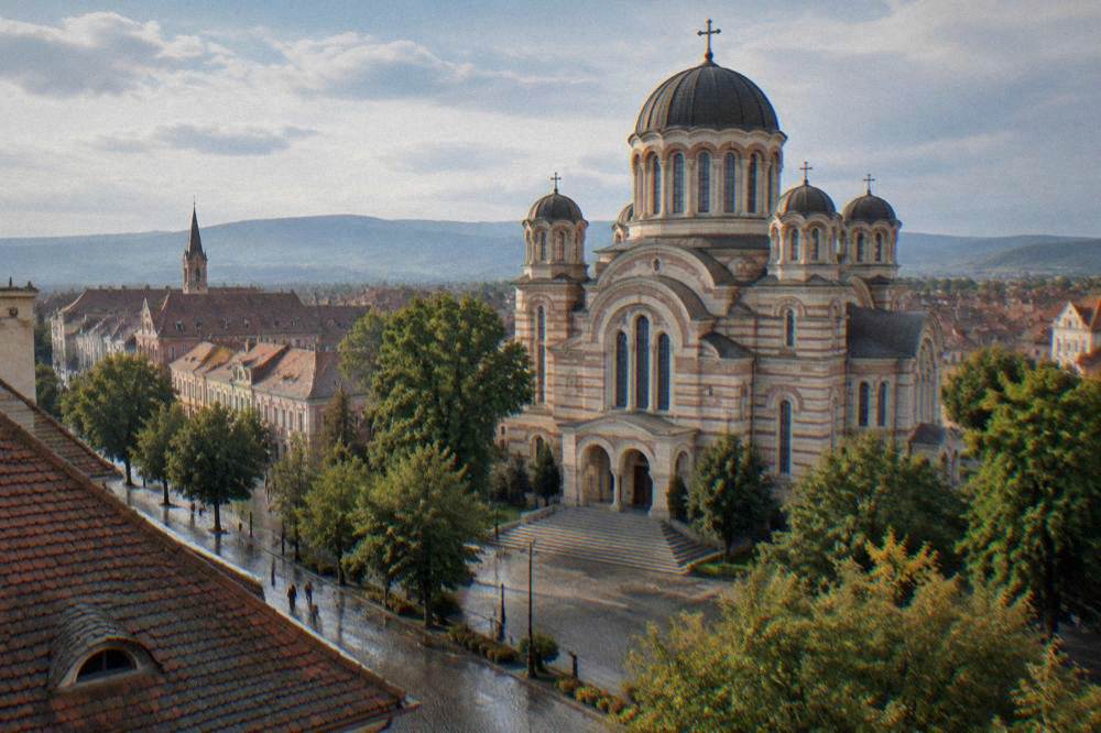 A large domed church with a tall bell tower stands on a street corner.