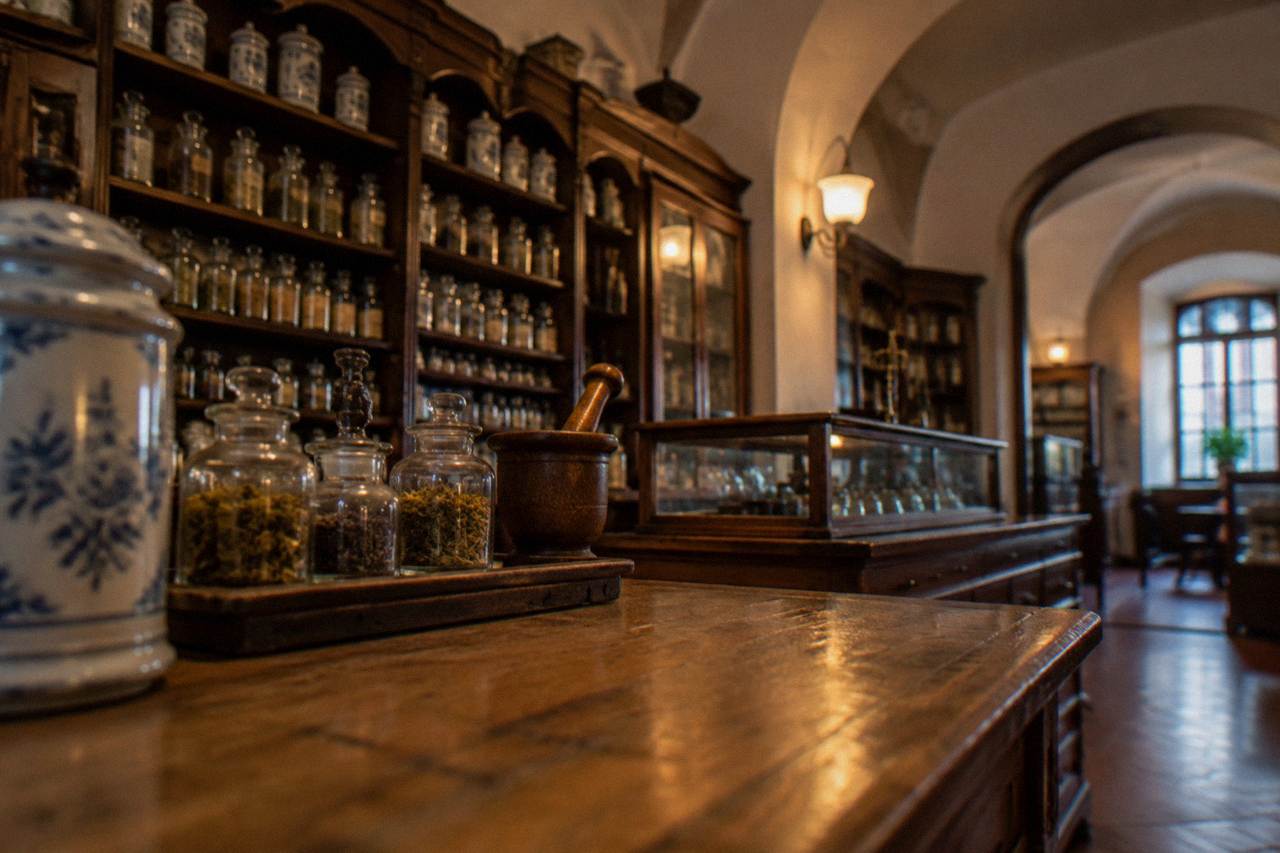 A historic pharmacy interior in Sibiu with wooden counter, glass jars and antique apothecary shelves