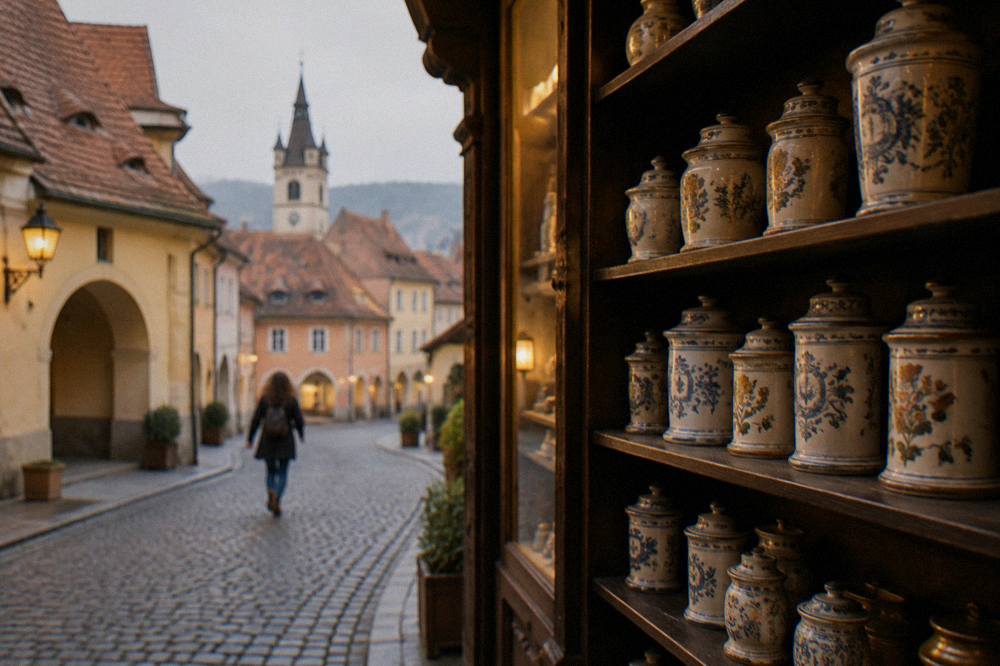 Antique ceramic apothecary jars lined on dark wooden shelves inside a Sibiu museum