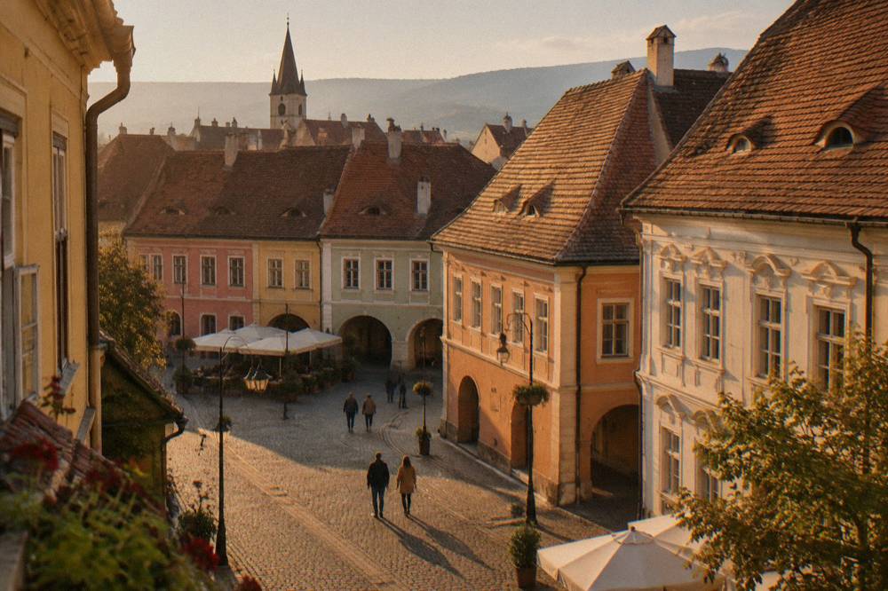 A narrow historic square in Sibiu lined with colourful burgher houses