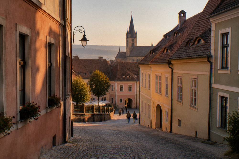 An old town lane in Sibiu with pastel facades and cobblestones in afternoon light