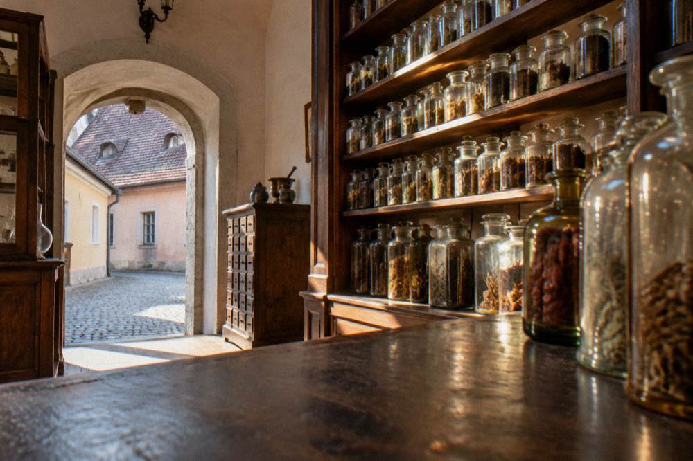Shelves of old glass apothecary jars glowing in warm light