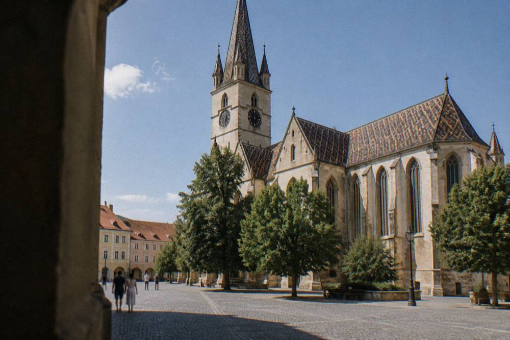 The Gothic south side of the Evangelical Cathedral seen from the cobbles of the square