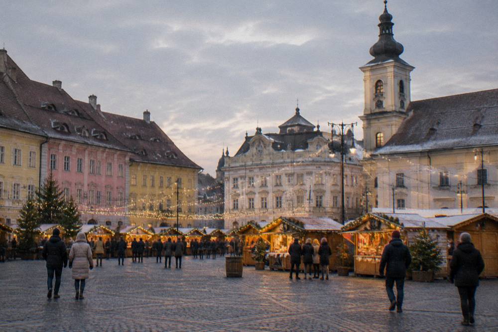 A square at dusk lit by strings of festive lights above wooden market stalls