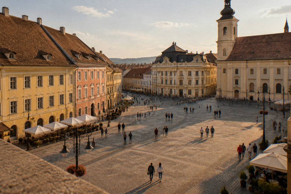 People walking across a broad cobbled square between historic houses on a bright day