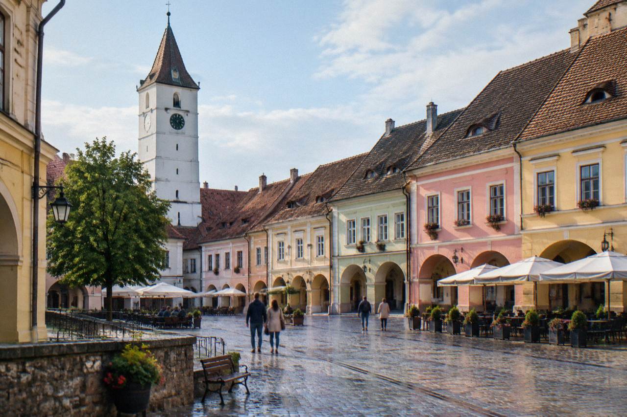 Colourful historic houses with arcades lining the Small Square of Sibiu on a bright day