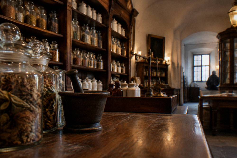 A historic pharmacy interior with glass jars and wooden counters in a museum in Sibiu