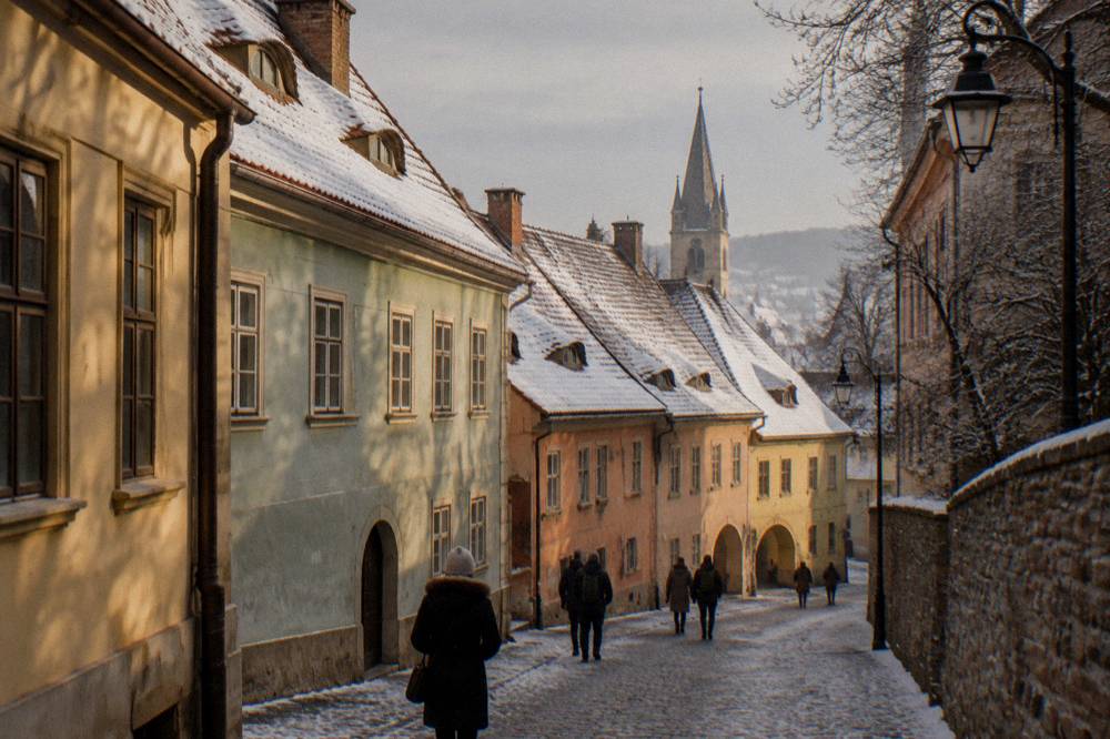 A quiet lane of the old town in Sibiu with light snow on the rooftops