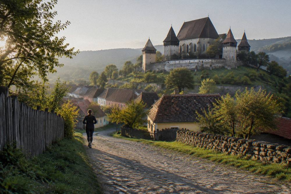A fortified church with tall walls surrounded by green village countryside in Transylvania