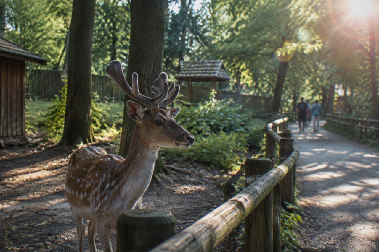 A tree-lined path in a green forest park on the edge of a city, with wooden railings and dappled sunlight