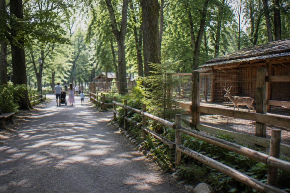 A walkway through tall trees in a municipal forest park, with families strolling in the distance