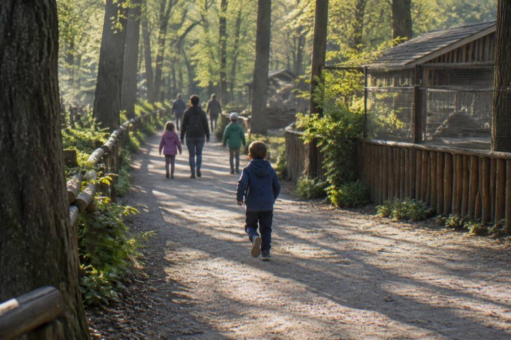 Children walking with adults on a wide flat path through a sunny forest park