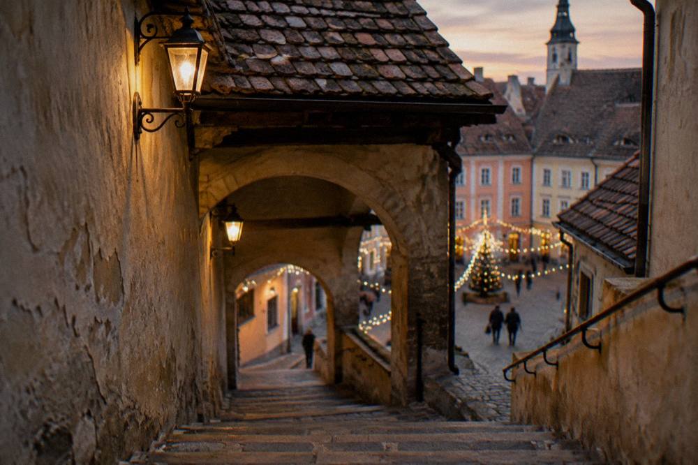 Twilight view of a staircase and square decorated with festive lights
