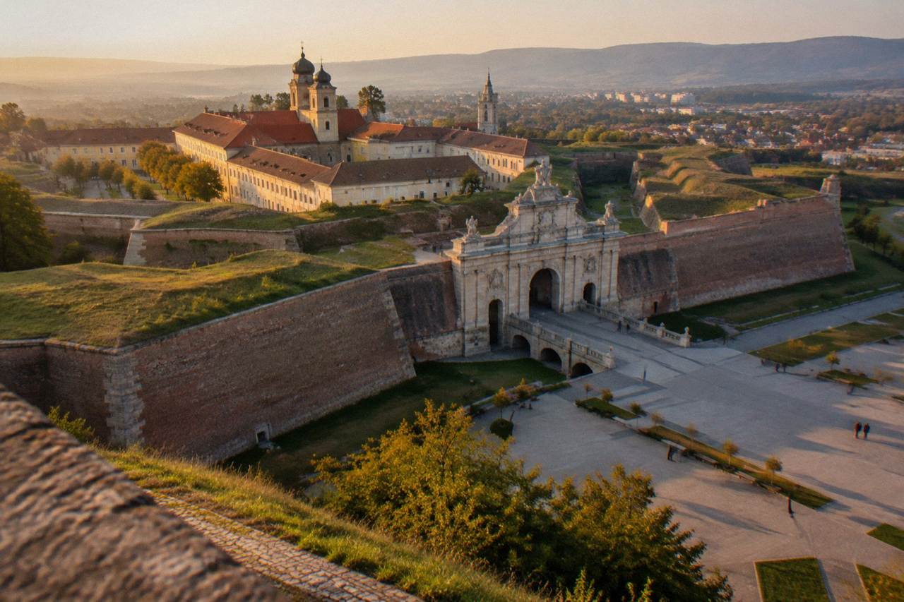 The star-shaped bastion walls of the Alba Carolina citadel in Alba Iulia seen from above the town