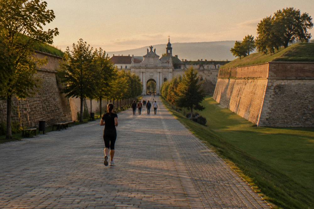 People strolling along a tree-lined alley between the bastion walls of a star fortress