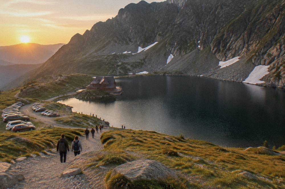 Cars parked on a mountain crest beside a lake, people walking a gravel path toward the water