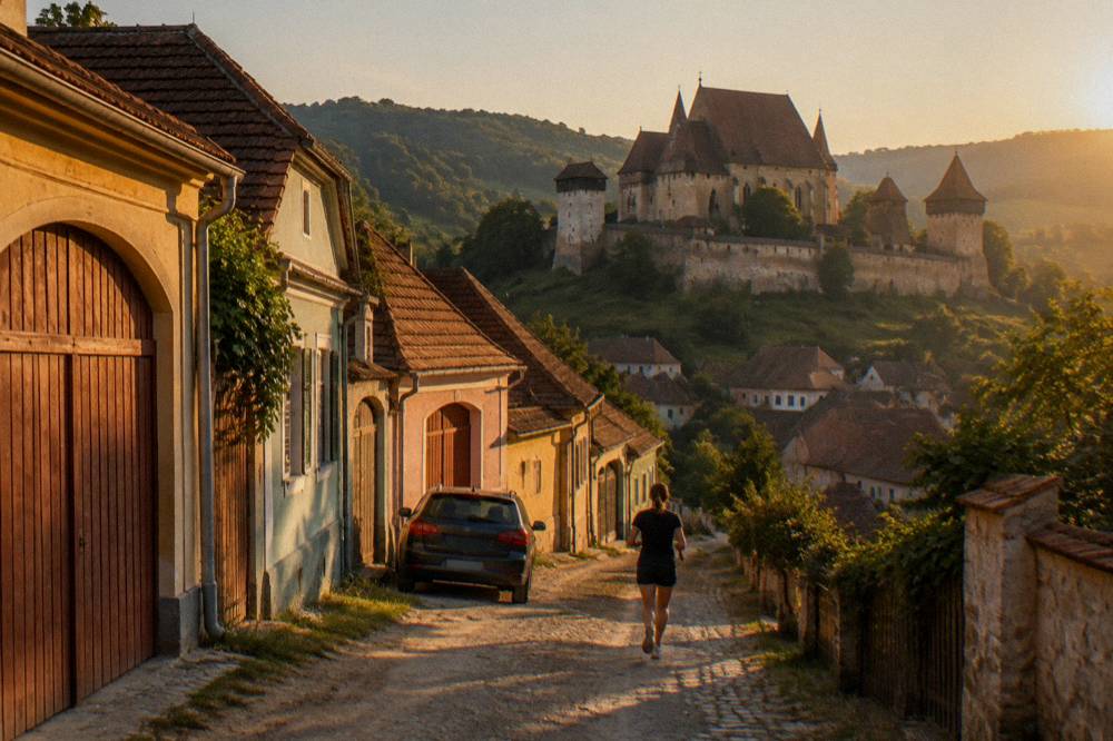 Car parked on a narrow lane beside colourful Saxon houses with tall gates