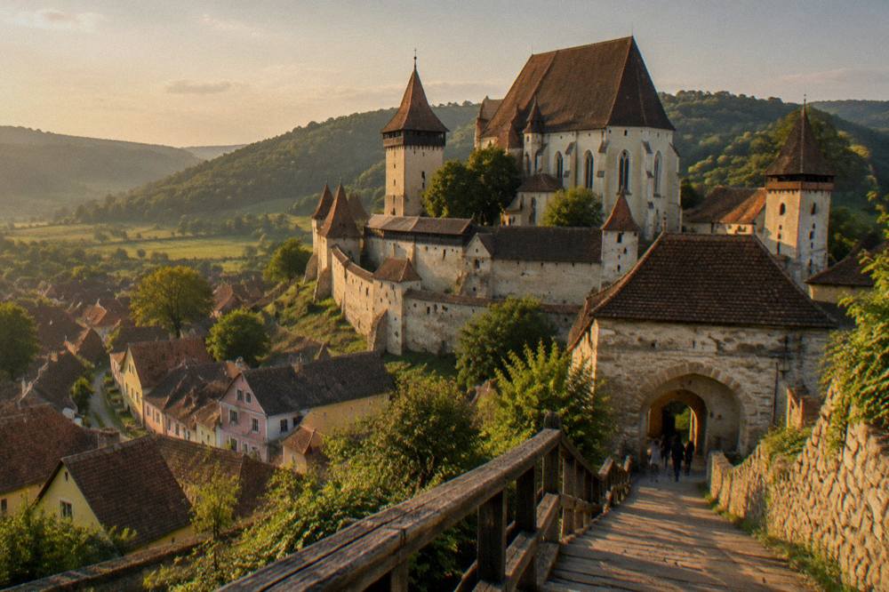 Stone gate and wooden stair leading up to a fortified church entrance