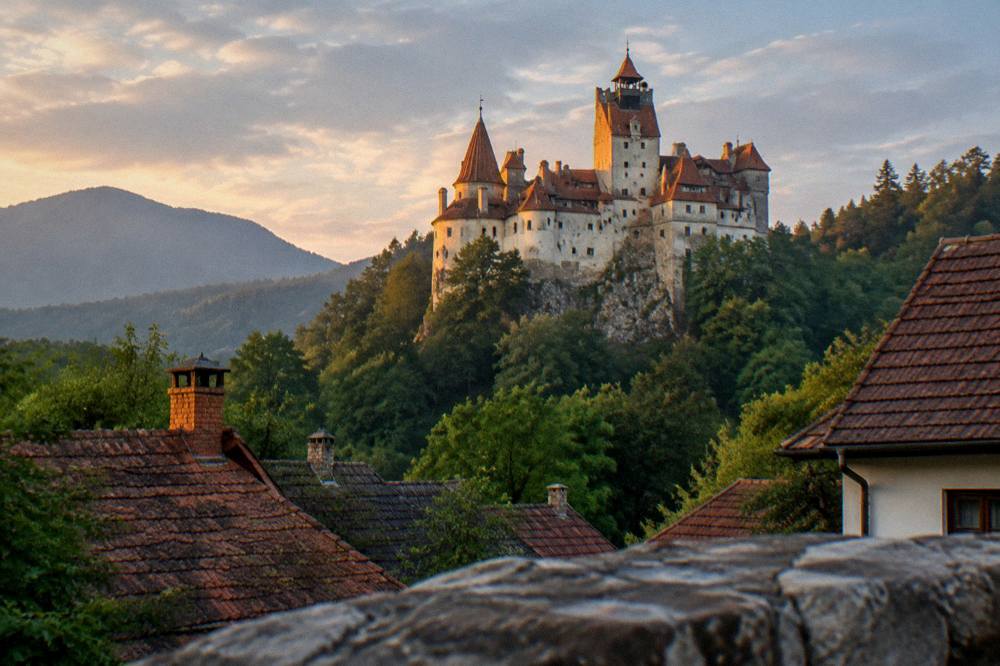 Evening light on the towers of Bran Castle seen from the village rooftops below