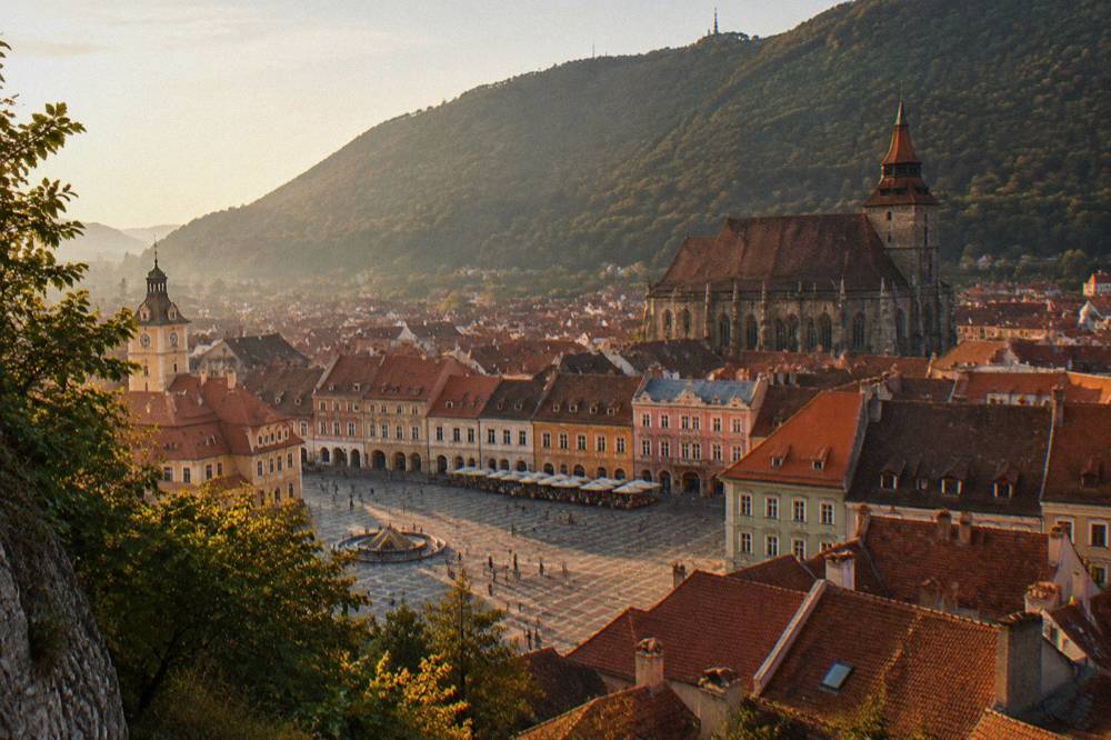 Red rooftops of Brașov old town seen from partway up the forested Tampa hillside