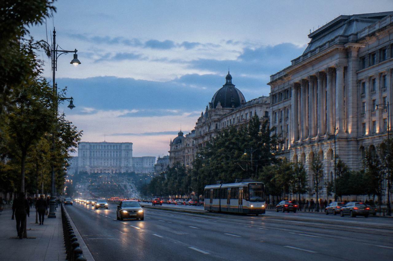 A wide boulevard in central Bucharest with grand stone buildings and traffic under a bright sky