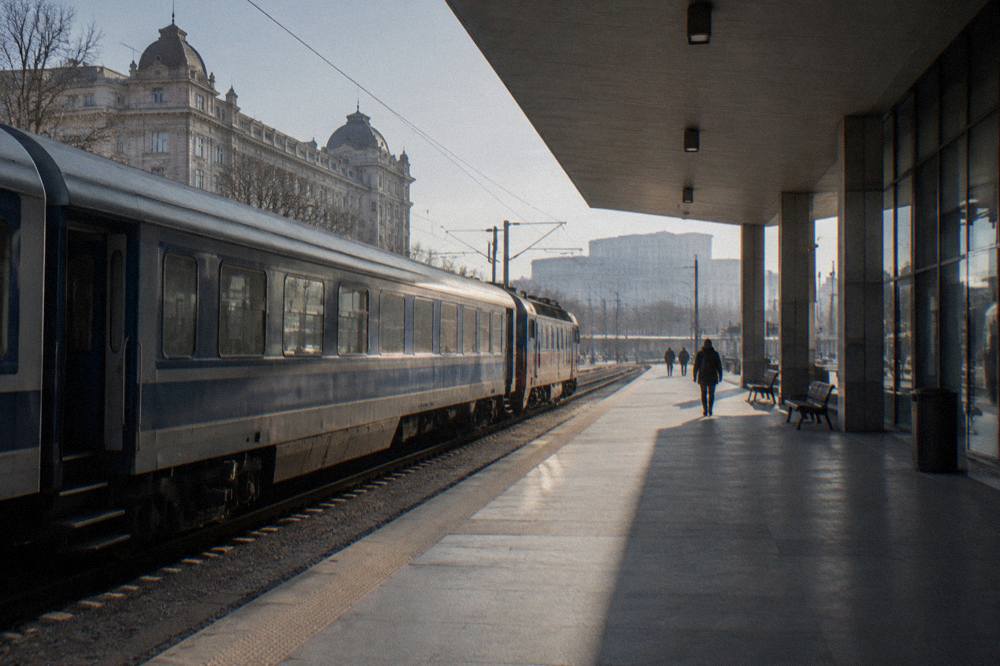 A Romanian intercity train waiting at a station platform beside a modern station building