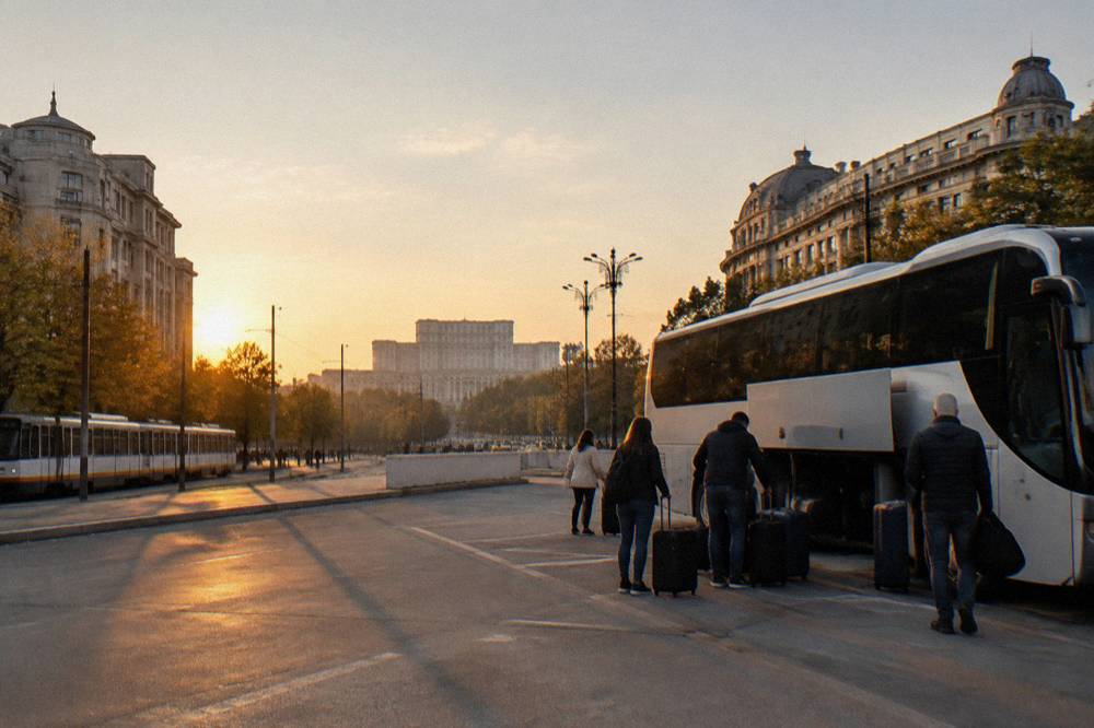 A long-distance coach parked at a bus terminal with passengers loading luggage
