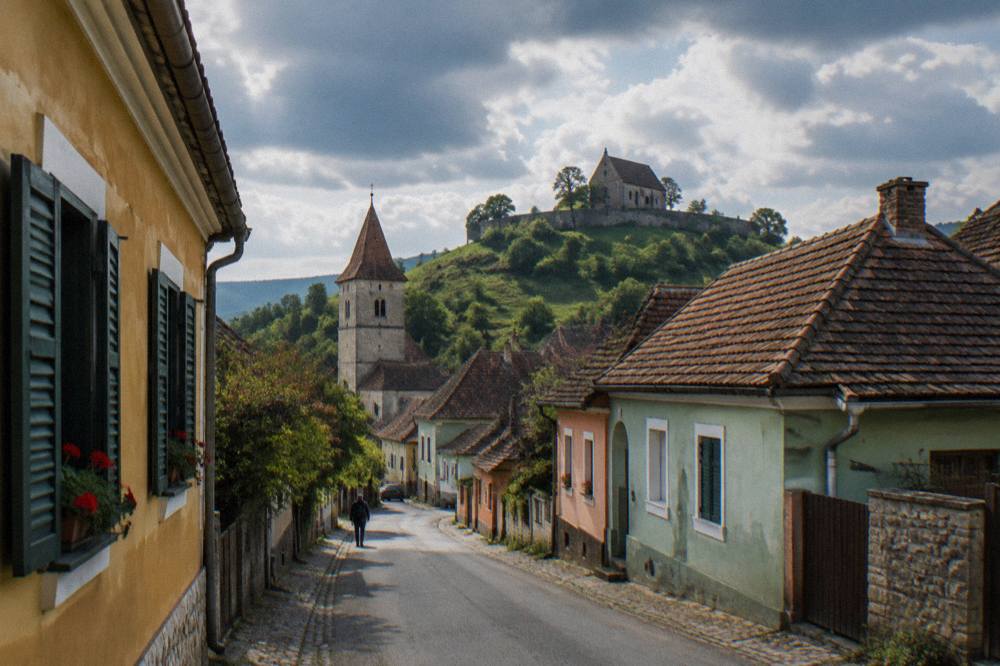 Narrow village street with coloured Saxon houses leading toward a church tower