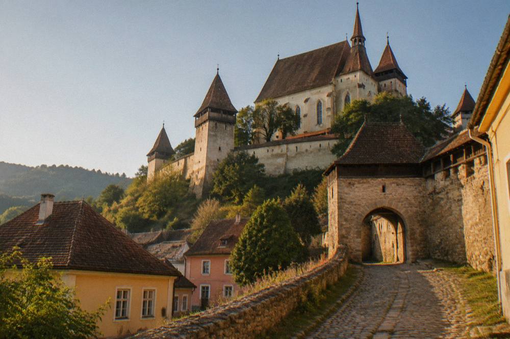 Old stone gateway in a fortified church wall under a clear sky